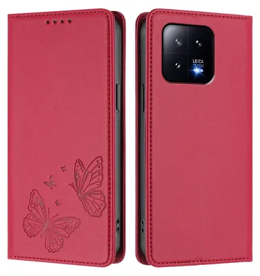 Image de Étui en cuir pour Xiaomi 13, motif papillon, étui portefeuille à rabat avec support, rouge
