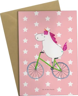 Produktbild von Mr. & Mrs. Panda Glückwunschkarte Einhorn Radfahrer - Rot Pastell - Geschenk, einladungskarten, hochzeitskarten, weihnachtskarten, Bike, Unicorn, Radfahren, Einhörner