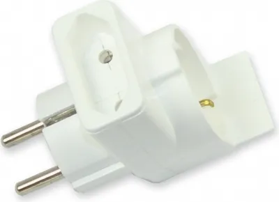 A white electrical adapter with two plugs and three sockets, shown against a white background.