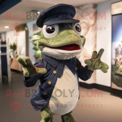 Produktbild von Marineblauer REDBROKOLY Frosch Maskottchen Kostüm charakter bekleidet mit einem Henley-Hemd und Fäustlingen