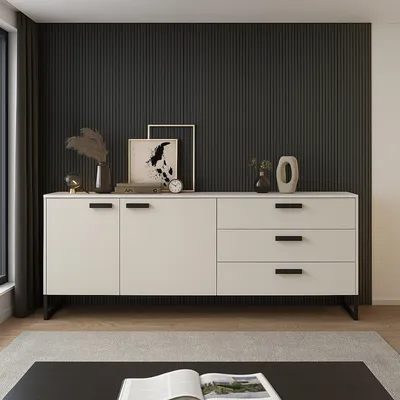 Image de Muzzano - Buffet, 184x40x86h cm Beige Chêne, 3 Tiroirs