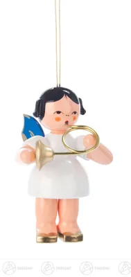 Produktbild von Christbaumschmuck Engel mit Waldhorn - blaue Flügel (9,5cm) von Kunstgewerbe Uhlig