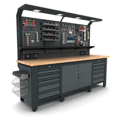 A workbench with tools and storage, presented in a studio setting.