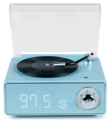 A light blue retro-style Bluetooth speaker with a turntable design, featuring a digital display and a dial.