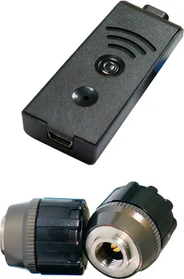 A product collage showing a black electronic device and two drill chucks.