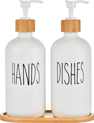 Produktbild von Seifenspender-Set aus Glas, 500 ml, mattschwarzes Badezimmer-Set mit Ablage, Seifenspender für Shampoo, Lotion und Handseife für die Küchenarbeitsplatte