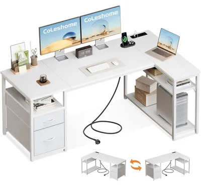 Image de Bureau en forme de L avec tiroirs et étagères