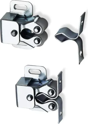 Three metal door catches with rubber rollers, two are mounted together and one is separate.