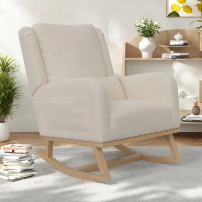 Immagine prodotto di Sedia a dondolo Fortuna Lai con struttura in legno massiccio, 2 tasche laterali, poltrona reclinabile retrò, bianco