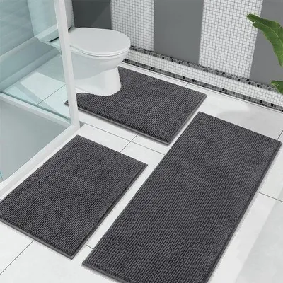 Immagine prodotto di Set di 3 tappetini da bagno in ciniglia Unyqoos®: morbidi, assorbenti e antiscivolo, lavabili; dimensioni: 45 x 65 cm, 45 x 120 cm, forma a U 50 x 60 cm