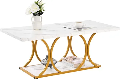 Produktbild von VEVOR Couchtisch Beistelltisch in Marmoroptik, 2-stöckiger rechteckiger Sofatisch mit Metallgestell & geometrischen Beinen & 95 kg Tragkraft, minimalistischer Wohnzimmertisch Weiß 120 x 59,5 x 48 cm