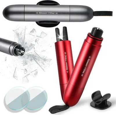 Productafbeelding van Noodhamer Set - Autoveiligheidshamer Gordelsnijder - Veiligheid Onderweg - 2-in-1 Functie - 16.5 cm - Rood Zilver