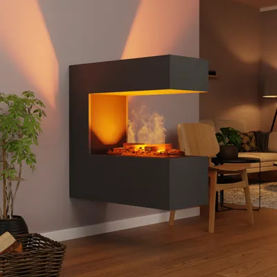 Produktbild von GLOW FIRE Elektrokamin 'Schiller Wandkamin' | Wasserdampf Kamin mit OMC 400 inkl. Deluxe Echtholz in grau als Raumteiler | HxBxT: 90x90x37 cm