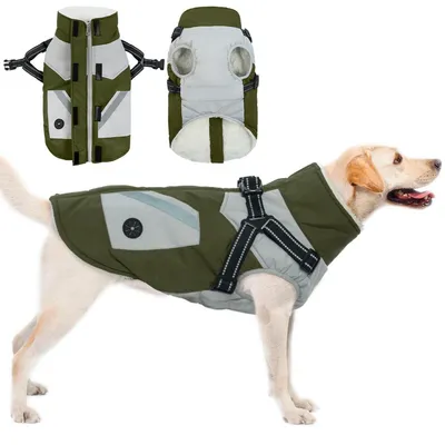 Produktbild von Hundemantel Winterjacke mit Geschirr wasserdicht winddicht Armeegrün Größe M
