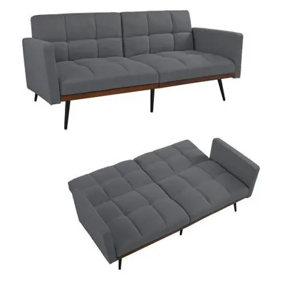 Produktbild von Mid-Century Futon-Couch im Leinen-Mix – 146 cm breit, 5-fach verstellbare Rückenlehne, fixe Armlehnen, Metallbeine, Für Wohnzimmer & Gästezimmer