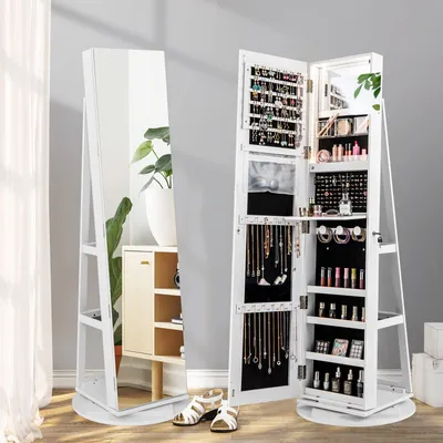 Produktbild von Otočná skrinka na šperky so zrkadlom po celej dĺžke, voľne stojaca skrinka na make-up s vnútorným zrkadlom na make-up a 3-farebným LED svetlom, uzamykateľná zrkadlová skrinka s kľúčmi