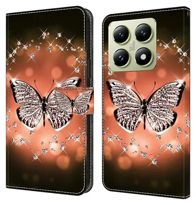 Produktbild von CLM-Tech Handyhülle kompatibel mit Xiaomi 14t Hülle - Tasche aus Kunstleder - Klapphülle mit Ständer und Kartenfächern - Schutzhülle Wallet Case Cover Schmetterling Diamanten Muster
