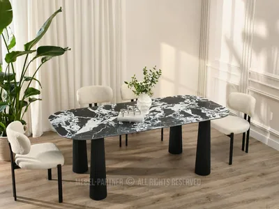 Obrázek produktu pro Designový jídelní stůl LENRIX - černobílý mramor / černý