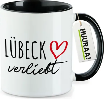Produktbild von Huuraa Kaffeetasse Lübeck verliebt 330ml Schwarz Keramik Kaffeebecher Geschenkidee