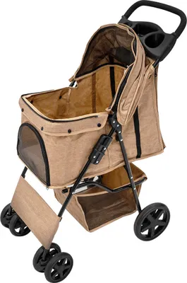 Obrázok produktu pre Prepravka pre domáce zvieratá, tkaná béžová taška, skladací cestovný košík, nosnosť 15 kg, 4 kolesá, brzdy, pre mačky a psov, bezpečnostný háčik, vodítko, vankúš, sieťované okienko, košík, držiak na nápoje, nepremokavá pláštenka