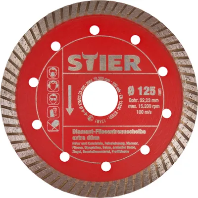 Produktbild von STIER Premium Diamant Fliesentrennscheibe, Ø 125mm, Bohrung 22,23mm speziell für Feinsteinzeugfliesen, Fliesen, Diamantrennscheibe, Schleifscheibe