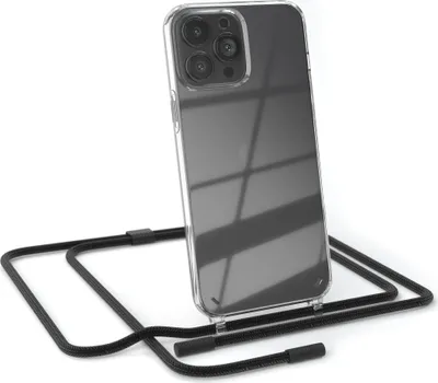Produktbild von EAZY CASE Handykette für Apple iPhone 13 Pro Max, Clear Case aus Silikon, mit Umhängeband, abnehmbare Endstücke, Handyband in Schwarz