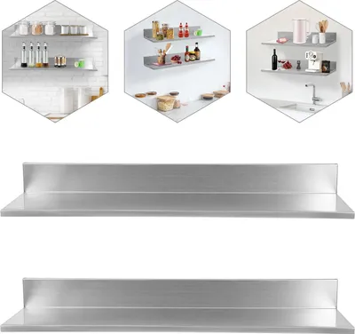 Image de Étagères à épices, 2 pièces - Étagère murale - Acier inoxydable - 2 niveaux - Capacité de charge 20 kg - 76,2 x 21,8 x 8,5 cm - Argent