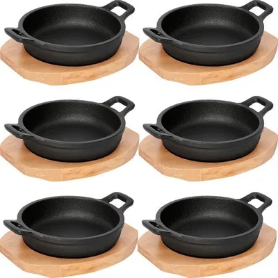 Produktbild von 6x WAS Germany Servierpfanne mit Holzuntersetzer und zwei Seitengriffen Ø 18 cm Gusseisen