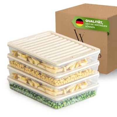 Produktbild von Viwares Stapelbare Gefrierdosen 4er Set, Gefrierfach & Kühlschrank Organizer mit Deckel, Frostfest bis -25°C, Wiederverwendbare Frischhaltedosen, Lebensmittel frisch und geruchsfrei lagern