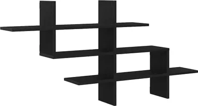 A black wooden shelf unit against a white background.