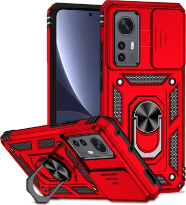 Produktbild von Xiaomi 12 / 12X Hülle mit Schiebe Kamera Schutz und Ringhalter Ständer Robust Rüstung Schutzhülle für Xiaomi 12 / Xiaomi 12X Rot