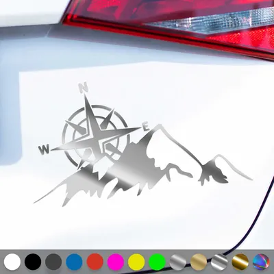 Produktbild von PantherPixel Kompass Berge Aufkleber Windrose Reisen Camping Sticker Auto Geschenkidee Farbe Chrom-Silber