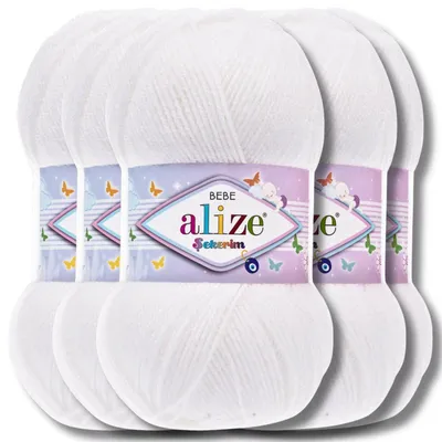 Produktbild von Alize 5x 100g Sekerim Bebe Wolle, Uni, Stricken, Häkeln (White - 55)