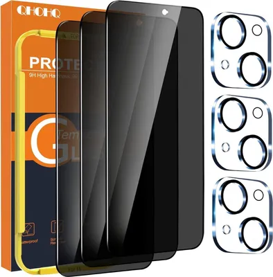 Image de film anti-regard pour iPhone 15 avec protection de la caméra, verre blindé, noir