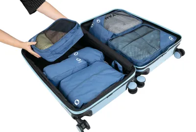 Image de Ensemble de sacs de voyage 7 pièces imperméables Organisateur de valise Aide au rangement Cubes de rangement Sacs de voyage Sacs à vêtements Rangement Organisateur de bagages, bleu foncé