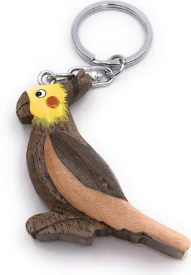 Produktbild von Onwomania Schlüsselanhänger aus Holz Papagei Vogel Sittich Zuchtvogel Kakadu gelber Kopf Anhänger Charm