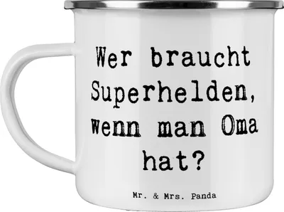 Produktbild von Mr. & Mrs. Panda Campingbecher Spruch Oma Heldin - Weiß - Geschenk, Dankeschön, Familienmitglieder, Omi, Liebe, Weisheit, Pott, becher emaille, Teetasse, Geborgenheit