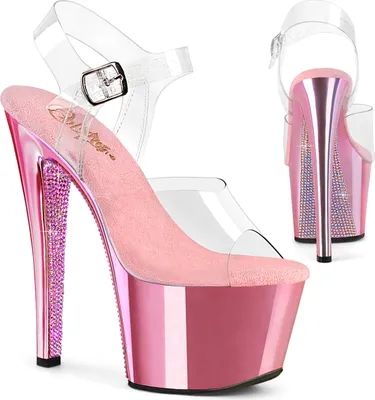 Produktbild von SKY-308CHRS Pleaser Damen High-Heels Plateausandaletten klar babypink Chrom AB Strass