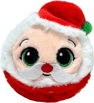 A close-up of a round, plush Santa Claus toy.