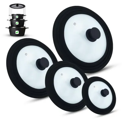 Glasdeckel-Set 4-teilig, 16–32 cm, mit Silikonrand, schwarz