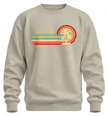 Imagen del producto de Sudadera uni con cuello redondo, estilo retro, con motivos de Santa Cruz, California, palmeras, atardecer y surf. Diseño natural. Talla XXL