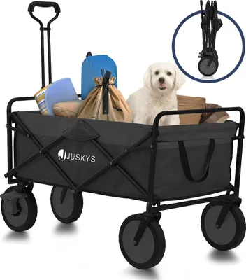 A black folding wagon filled with items and a dog.