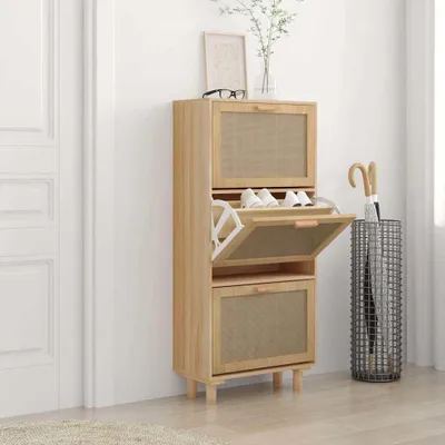Produktbild von Schuhschrank 52x25x115 cm aus Holzwerkstoff und Rattan, natur