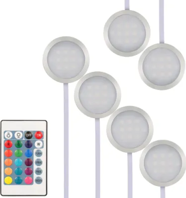 Zdjęcie produktu dla 6SZTUK Smukły, okrągły zestaw oświetlenia podszafkowego LED RGB SMD5050 Zmieniająca kolor, ściemniana, regulowana jasność z pilotem do kuchni, salonu, regału, szafy