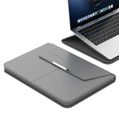Immagine prodotto di Borsa per laptop da 13-14 pollici in PU, impermeabile e resistente agli urti, sottile, con supporto e tappetino per mouse, unisex, per l'ufficio e i viaggi, custodia protettiva per notebook, grigia