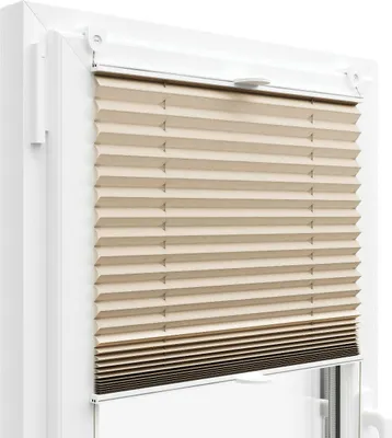 A close-up view of a beige pleated blind installed in a white window frame.