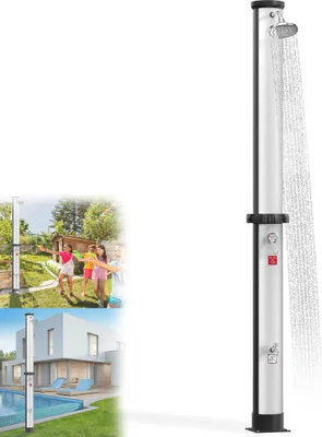 Image de LARS360 Douche solaire pour le jardin et le camping, réservoir d'eau de 40L, hauteur de 216 cm, température de l'eau réglable en continu, pommeau de douche à effet pluie avec rotule (argent + noir)