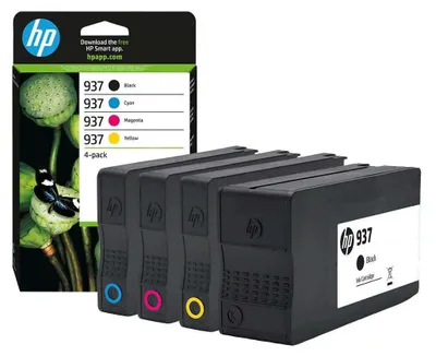Zdjęcie produktu dla HP Zestaw 4 wkładów z tuszem CMYK 937, Standardowa wydajność, Czarny, Cyjan, Purpurowy, Żółty, 4 szt., 1250 stron(y), 800 stron(y), Pakiet Combo
