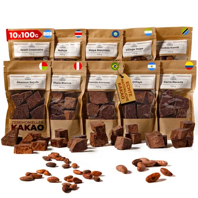 Produktbild von TERRAGEM Kakao-Set 10, Zeremonieller Rohkakao, 100% Kakaobohnen - Rohkakao Zeremonie - Keto Trinkschokolade ohne Zucker - Rohkakao Schokolade, 10x100g