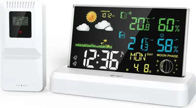 Produktbild von Wetterstation Innen-/Aussentemperatur-Feuchtigkeitsmonitor mit Sensor Heimwetterthermometer VA-Farbdisplay Wecker Wettervorhersage, Weiss